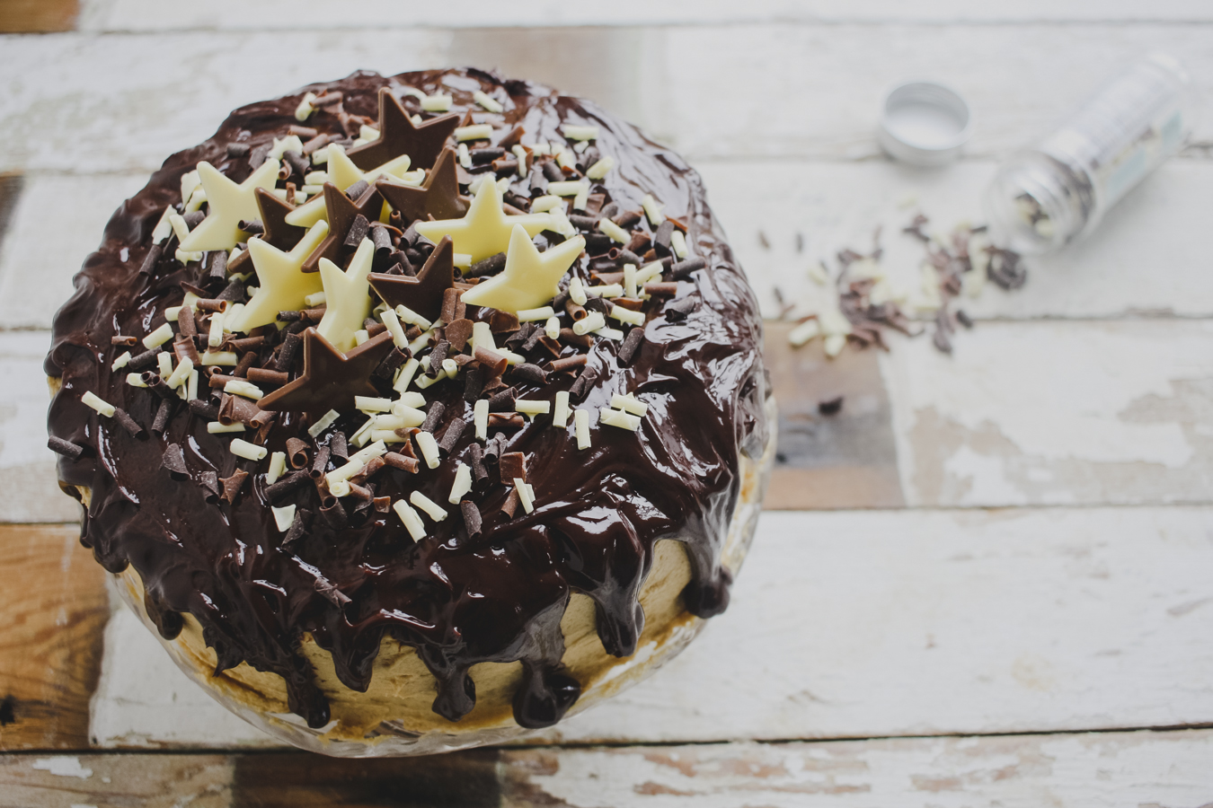image of Coffee and Walnut Drip Cake With Dark Chocolate Ganache Topping recipe by Feeding Boys