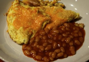 fluffy omelette and beans