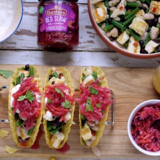 Halloumi and Three Bean Tacos with Red Slaw on feedingboys.co.uk