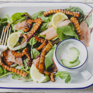 Slimming World Friendly Tzatziki with Salmon Salad and Butternut Squash Chips