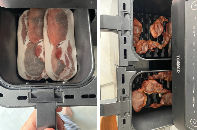 Cooking crispy bacon in the Tower Vortx Dual Basket Air Fryer 8 Litre